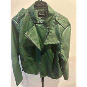 ChouYatou Green Faux Leather Moto Jacket with Asymmetrical Zipper XXL‎
